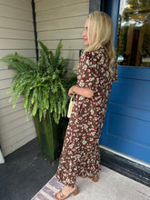 BURGUNDY FLORAL PUFF SLEEVE MIDI DRESS