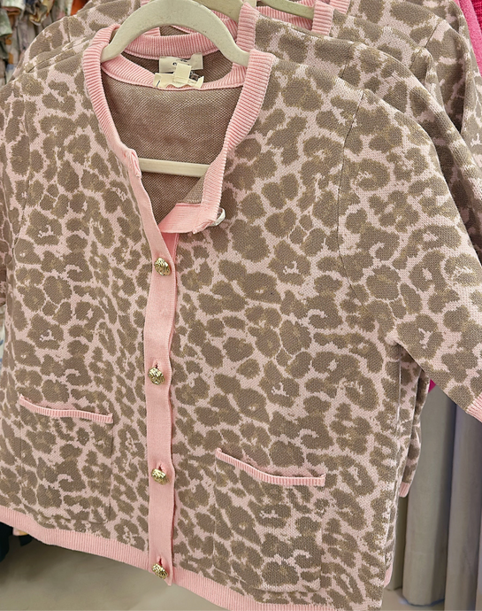 PINK LEOPARD SHORT SLEEVE CARDIGAN