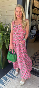 PINK BLOCK PRINT TIE DRESS