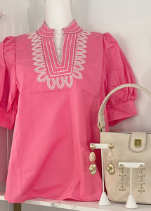 PINK EMBROIDERED PUFF SLEEVE BLOUSE