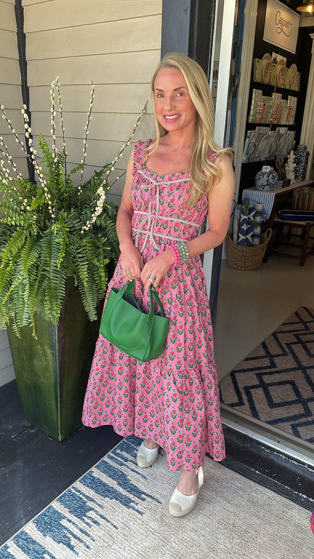 PINK BLOCK PRINT TIE DRESS
