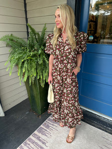 BURGUNDY FLORAL PUFF SLEEVE MIDI DRESS