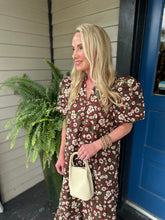 BURGUNDY FLORAL PUFF SLEEVE MIDI DRESS