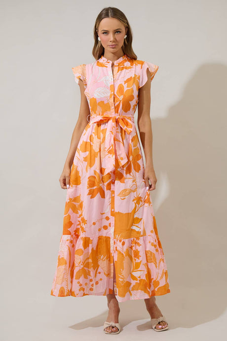 LENIRA PINK & ORANGE BUTTON MAXI