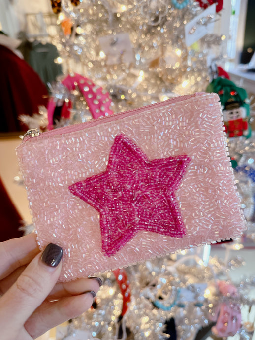 PINK STAR BEADED COIN PURSE
