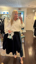 PINSTRIPE RUFFLE NECKLINE 3/4 BLOUSE