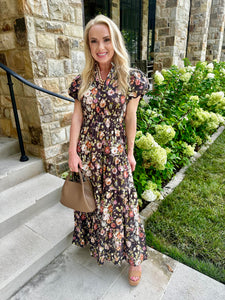 CHOCOLATE FALL FLORAL MIDI DRESS
