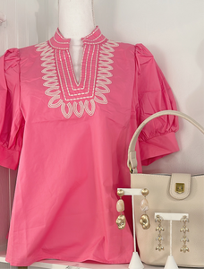 PINK EMBROIDERED PUFF SLEEVE BLOUSE