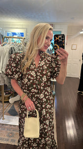 BURGUNDY FLORAL PUFF SLEEVE MIDI DRESS