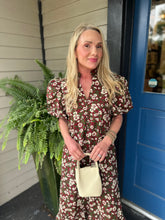BURGUNDY FLORAL PUFF SLEEVE MIDI DRESS