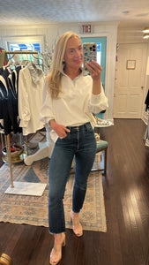 PINSTRIPE RUFFLE NECKLINE 3/4 BLOUSE