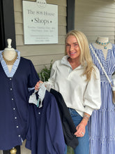 PINSTRIPE RUFFLE NECKLINE 3/4 BLOUSE