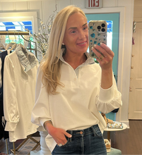 PINSTRIPE RUFFLE NECKLINE 3/4 BLOUSE