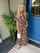 BURGUNDY FLORAL PUFF SLEEVE MIDI DRESS