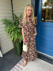 BURGUNDY FLORAL PUFF SLEEVE MIDI DRESS