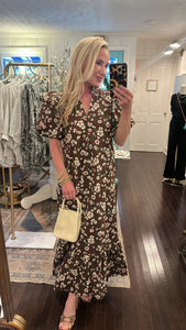BURGUNDY FLORAL PUFF SLEEVE MIDI DRESS