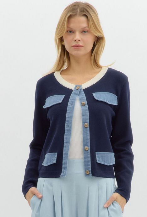 KNIT & DENIM POCKET CARDIGAN