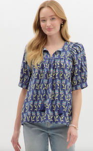NAVY BLOCK PRINT FLORAL BOUSE