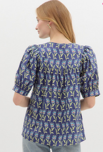 NAVY BLOCK PRINT FLORAL BOUSE