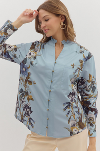 BLUE FLORAL ACCENT SLEEVE BLOUSE