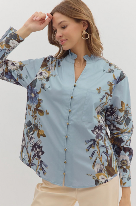 BLUE FLORAL ACCENT SLEEVE BLOUSE