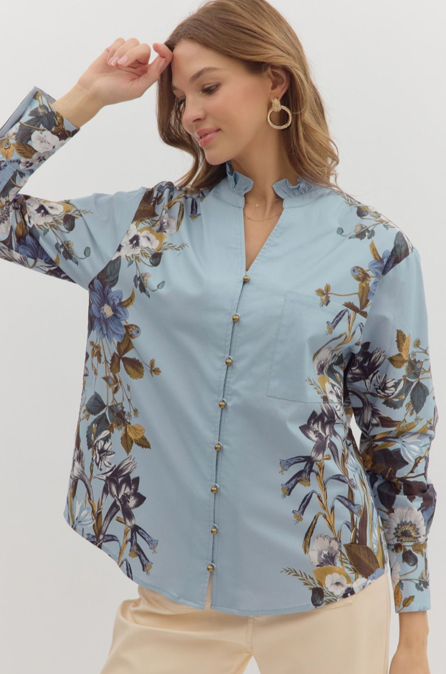 BLUE FLORAL ACCENT SLEEVE BLOUSE