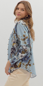 BLUE FLORAL ACCENT SLEEVE BLOUSE