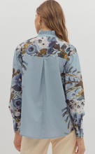 BLUE FLORAL ACCENT SLEEVE BLOUSE