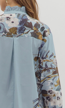 BLUE FLORAL ACCENT SLEEVE BLOUSE