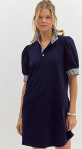 PINSTRIPE RUFFLE NECKLINE DRESS