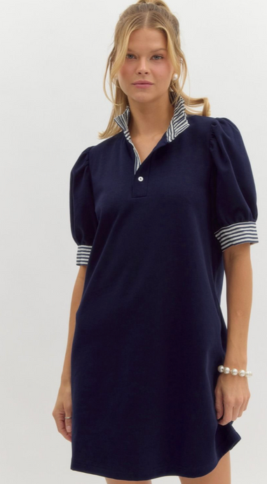 PINSTRIPE RUFFLE NECKLINE DRESS