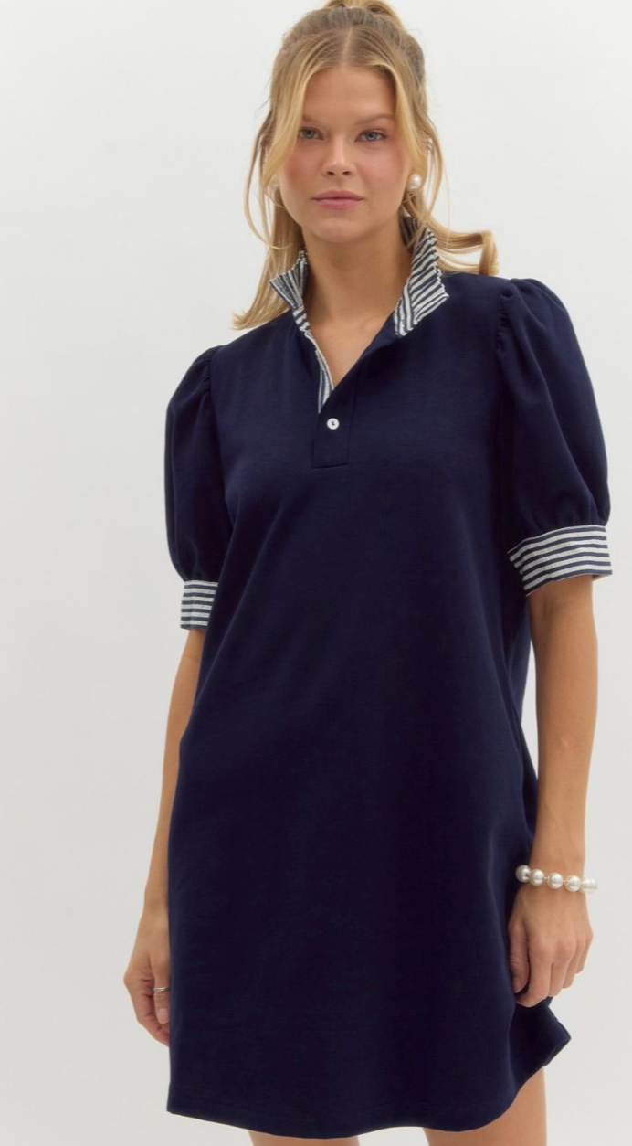 PINSTRIPE RUFFLE NECKLINE DRESS