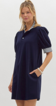 PINSTRIPE RUFFLE NECKLINE DRESS