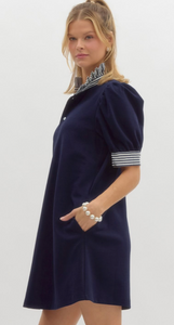 PINSTRIPE RUFFLE NECKLINE DRESS