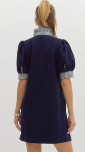 PINSTRIPE RUFFLE NECKLINE DRESS