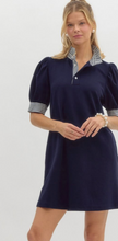 PINSTRIPE RUFFLE NECKLINE DRESS