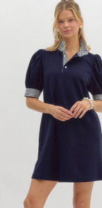 PINSTRIPE RUFFLE NECKLINE DRESS