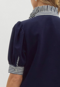 PINSTRIPE RUFFLE NECKLINE DRESS