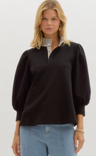 PINSTRIPE RUFFLE NECKLINE 3/4 BLOUSE