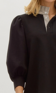PINSTRIPE RUFFLE NECKLINE 3/4 BLOUSE