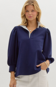 PINSTRIPE RUFFLE NECKLINE 3/4 BLOUSE