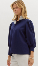 PINSTRIPE RUFFLE NECKLINE 3/4 BLOUSE