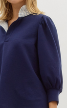 PINSTRIPE RUFFLE NECKLINE 3/4 BLOUSE