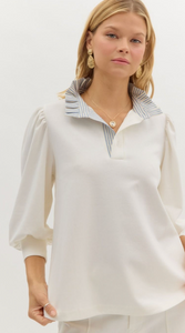 PINSTRIPE RUFFLE NECKLINE 3/4 BLOUSE
