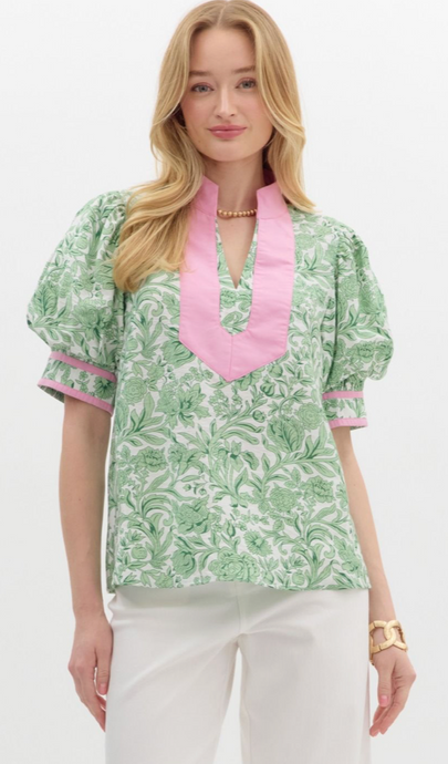 GREEN FLORAL WITH PINK TRIM BLOUSE