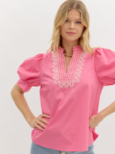 PINK EMBROIDERED PUFF SLEEVE BLOUSE