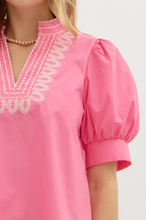 PINK EMBROIDERED PUFF SLEEVE BLOUSE