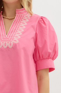 PINK EMBROIDERED PUFF SLEEVE BLOUSE