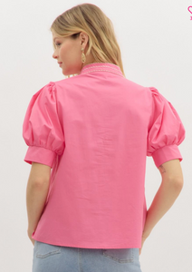PINK EMBROIDERED PUFF SLEEVE BLOUSE