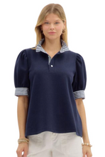SHORT SLEEVE PINSTRIPE RUFFLE NECKLINE BLOUSE